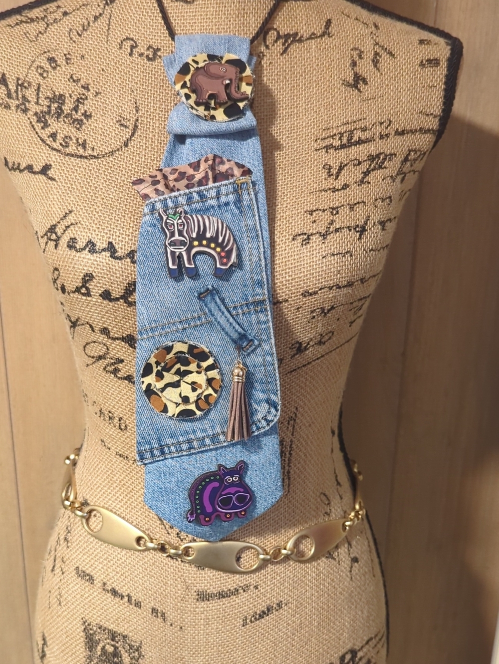 Denim Animal Pin & Tassel Tie- Blue